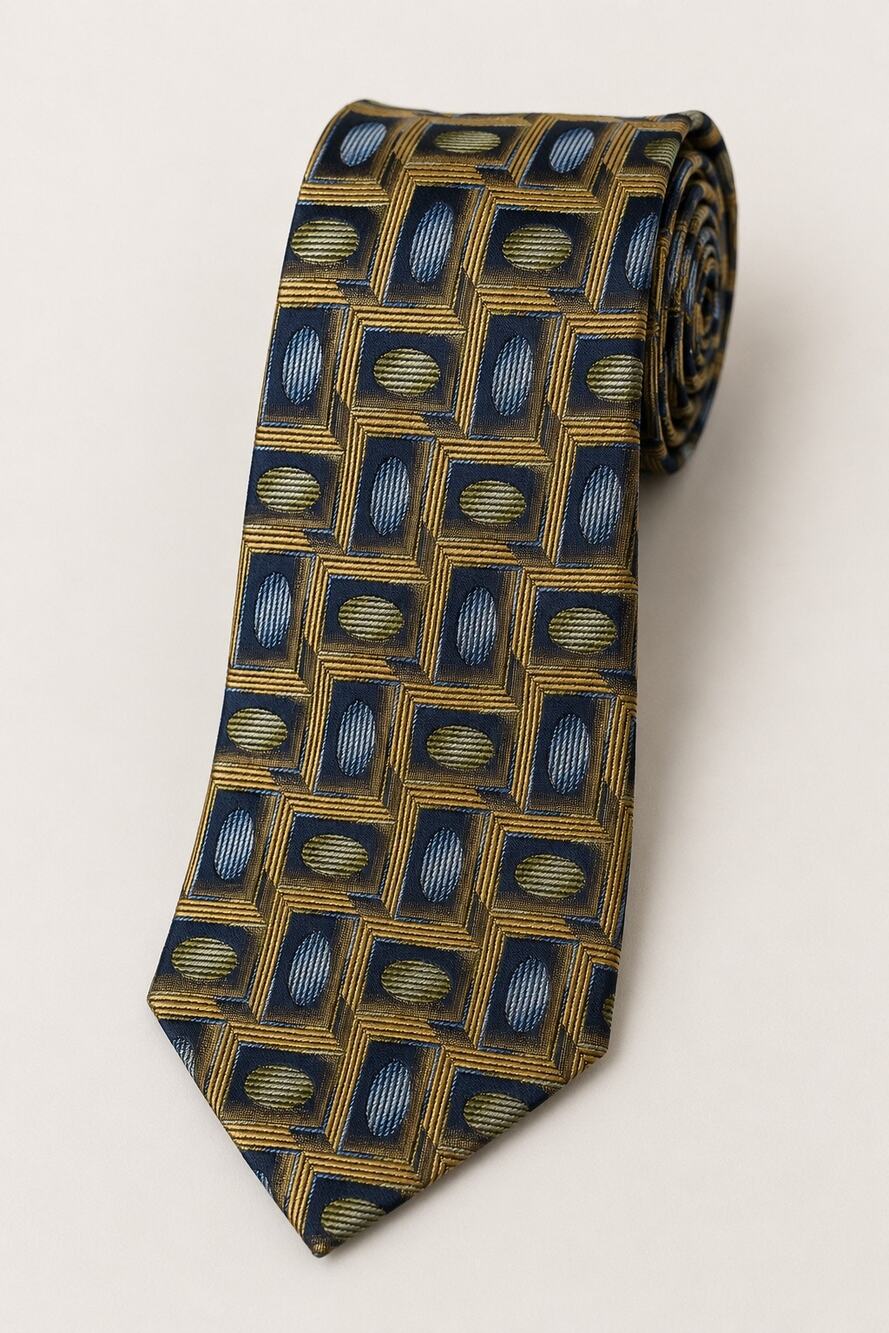 Bachrach Made in Italy Silk Geometric Necktie – Navy, Gold & Blue Designer Tie
